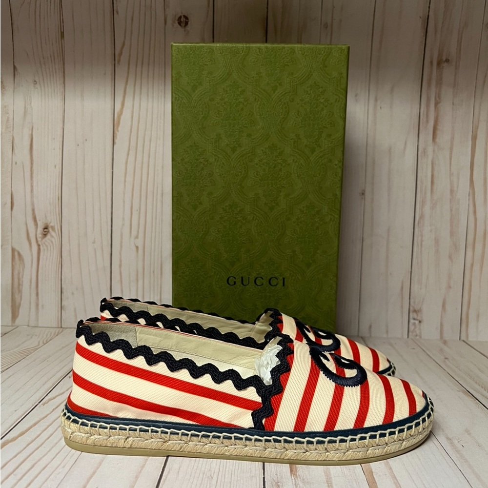 Gucci Interlocking G Striped Canvas Espadrille Flat Sz 40.5 / 10.5 - Picture 2 of 11
